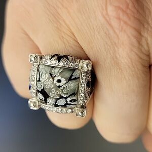 Signed 925 Sterling Silver Millefiori Enamel Ring – Floral Glass Statement Ring